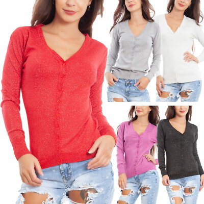 Damen Strickjacke Pullover Lurex Glitzer eng anliegend Langarm TOOCOOL GG-1811