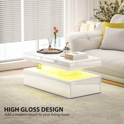 HOMCOM LED Coffee Table with Storage, High Gloss Living Room Table, White - Picture 4 of 11