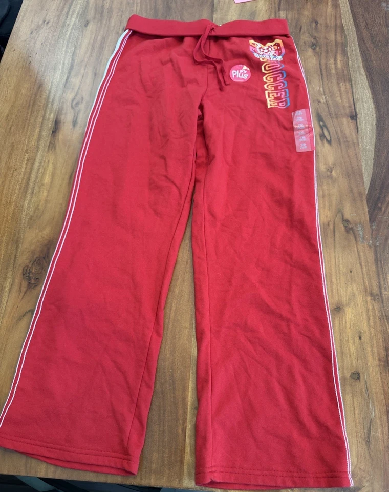 Pantalones deportivos de colección Y2k acampanados cintura plegable rojo fútbol espalda logotipo 18 1/2 Plus NUEVO Foto 3 de 4
