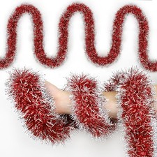 50FT Christmas Tinsel Garland Red Metallic Twist Xmas Frosted Tip White