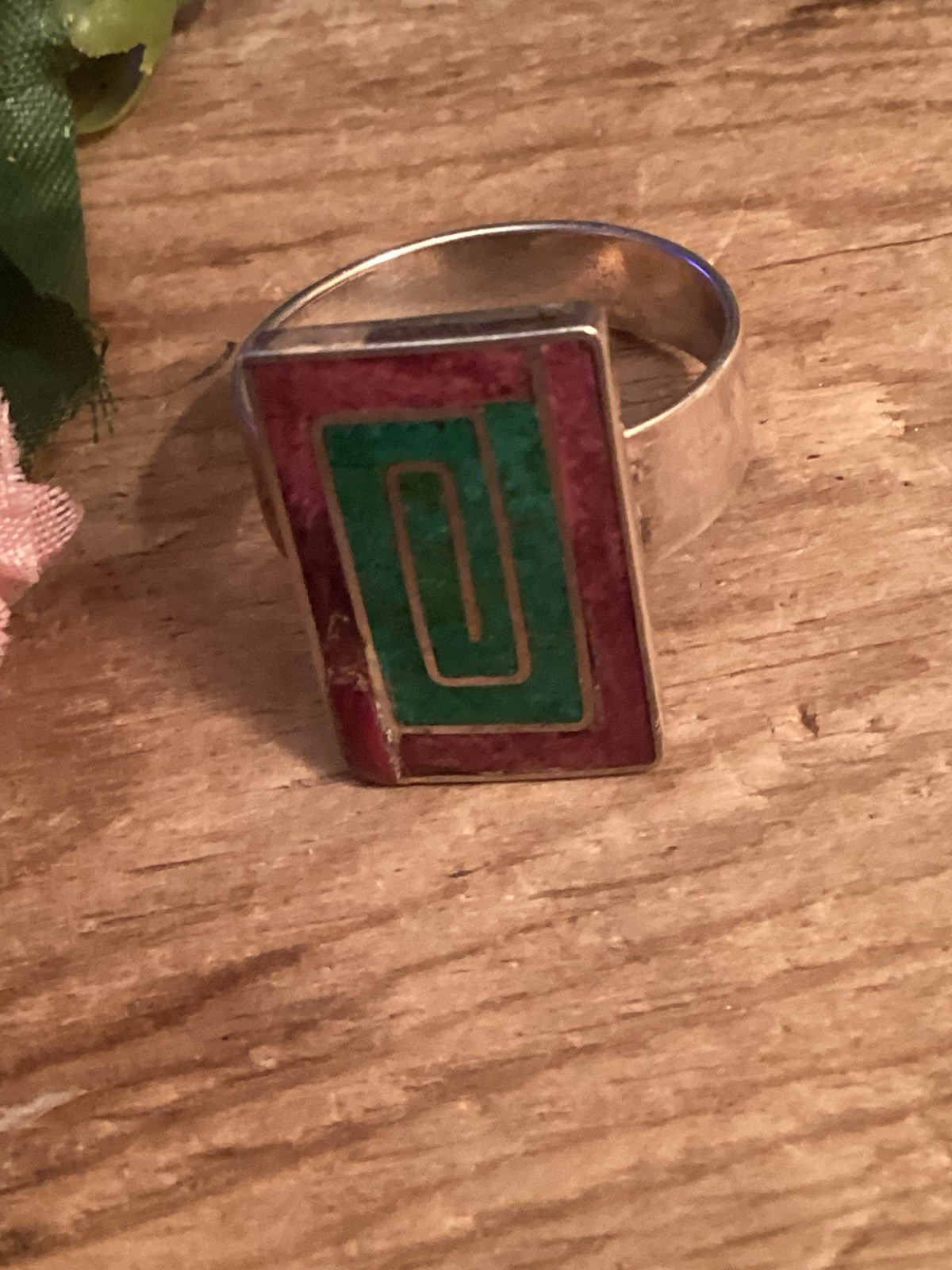 950 Silver Modernist Statement Ring Geometric Inl… - image 2