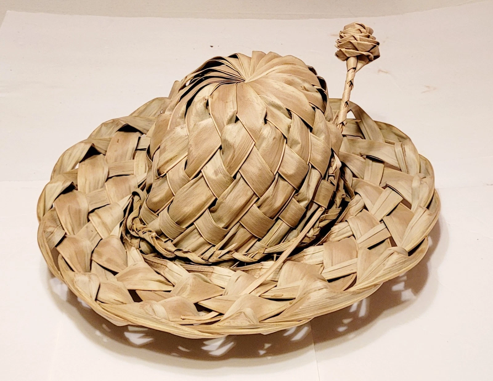Handmade Palm Frond Woven Hawaiian Hat W/Flower Pom Beach Sun Hat