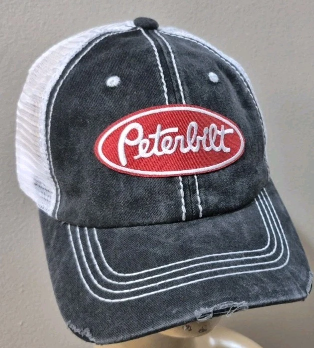 Peterbilt Trucker Hat Distressed Baseball Cap Black & White Mesh PETERBILT HAT