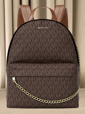 Michael Kors Slater Women Medium Printed MK Logo Zip Chain Pocket Backpack Brown