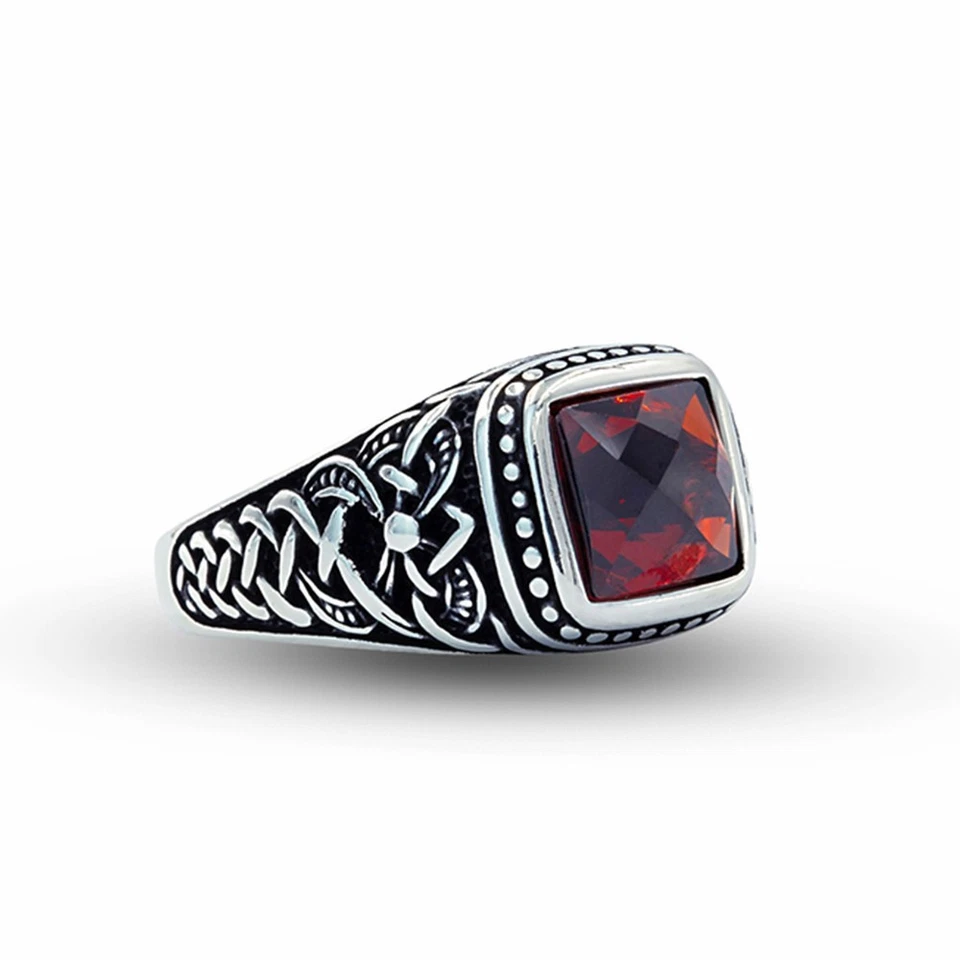 Anel masculino de prata esterlina 925 gravado à mão com pedra preciosa vermelha granada - Imagem 3 de 4