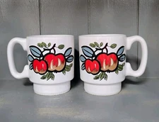 Pair Vintage Ceramic Cherry Mugs Stackable Retro Red Fruit Design Cherries Apple