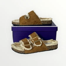 Top Moda Nadine Slip On Faux Fur Lined Sandals Tan Womens 8.5 Adjustable