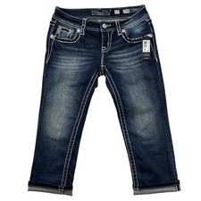 Miss Me Signature Cuffed Capri Jeans Women Size 25 Thick Stitch Dark Wash New