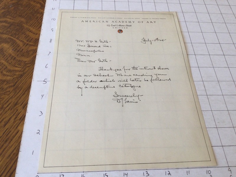 original 1920’s signed letter, from American Academy of Art chicago