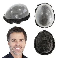 Mens Human Hair System 0.12mm Poly Skin Toupee Hairpiece 130% Density #1B20
