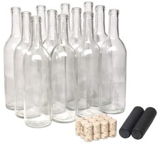 750ml Glass Bordeaux Wine Bottles, Flat-Bottom, with Corks Shrink Capsules, 12