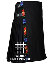 Scottish Black Wool 8 Yard Kilt 100 WOOL Kilt Multi Color Fringe On Apron