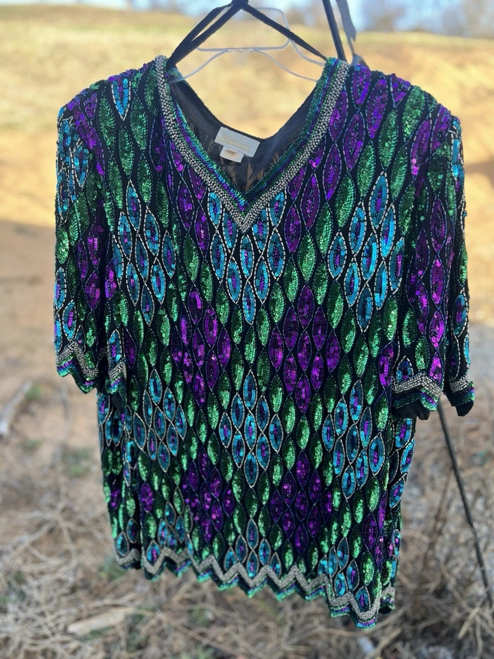 Camisa PESADA de Noche Adornada Top Lentejuelas Talla Grande B8 Roaman’s De Colección Foto 4 de 4