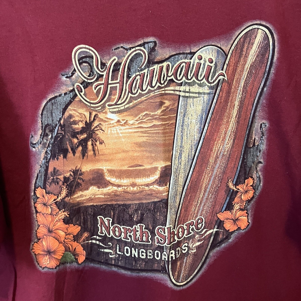 Gildan Heavy Cotton Maroon Hawaii North Shore Longboards Graphic T 