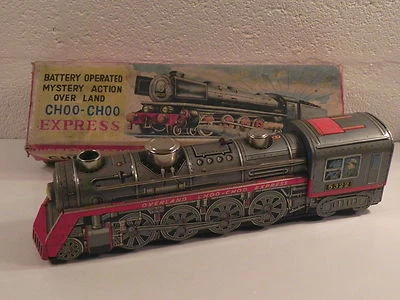 OVER-LAND CHOO-CHOO EXPRESS LOCOMOTIVE VAPEUR TOLE A PILES 35cm vintage  boite - Photo 1/4