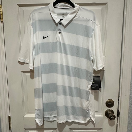 Nike Dry Essential DriFit Golf Polo Shirt Men XL White Gray Stripe New