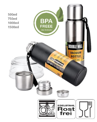 Thermosflasche Edelstahl 0,5/0,75/1,0/1,5ltr Thermoskanne Isolierflasche no BPA