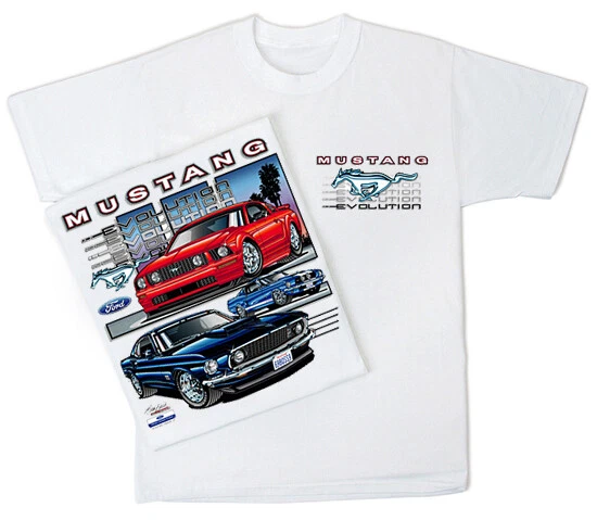 Mustang Evolution (41) Men's White Cotton T-shirt. Ford Mustang