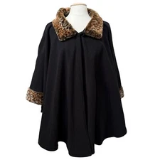 Preston & York Womens Black Cape Poncho Coat Leopard Faux Fur Trim NWT