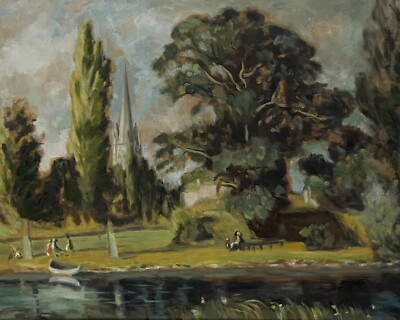 Original oil painting landscape  'Salisbury Cathedral from the River' Constable