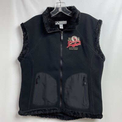 Storm Creek Leinenkugel's Logo Vest Sz Medium Faux Fur Lined 2 pockets Zip Black