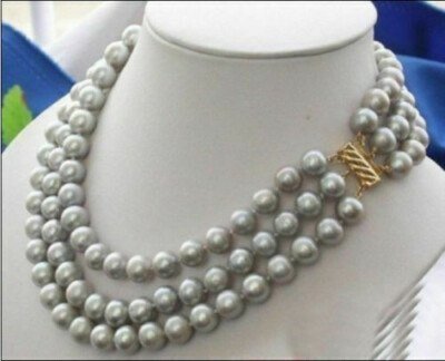 triple strands 8-9mm natural south sea gray pearl necklace 17'' 18'' 19'' 14K gold
