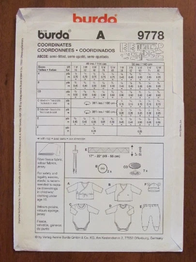 BURDA PATTERN - 9778 BABY ONE-PIECE WRAP TOP SHIRT PANTS FEET HAT 1-12mth UNCUT - Image 2 of 2