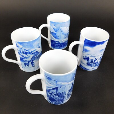 Konitz Set 4 Coffee Cups Delftware Winter Village, Germany, Christmas, Porcelain