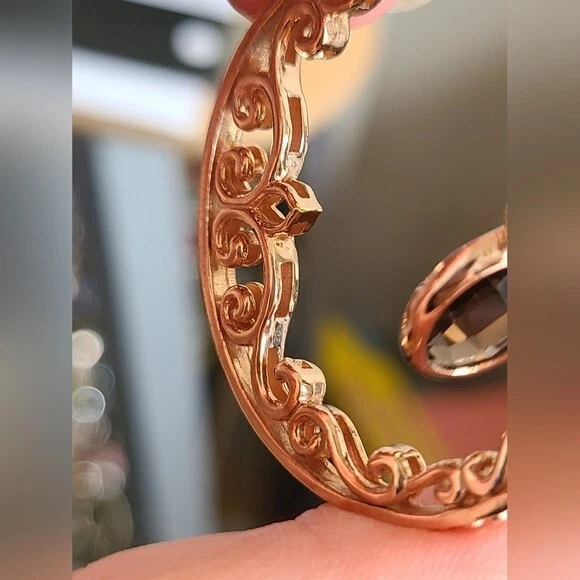 Vintage Filigree Rose Gold Sterling Silver Smoky Quartz Dangle Hoop Earrings - Image 3 of 4