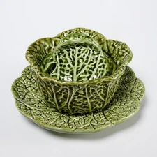 Vtg Majolica Green Cabbage Sugar Mustard Condiment Bowl w Lid and Under Plate