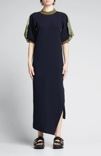 SACAI Sz 3 L Navy Ribbed Puff Sleeve Mixed Media Midi Dress