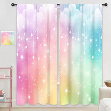 Riyidecor Colorful Rainbow Curtains Kids Girls Pastel Cartoon Cute Starry Sky