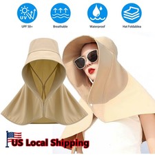 Women Wide Brim Sun Hat UV Protection Neck Cover Flap Ponytail Cap Outdoor Beach