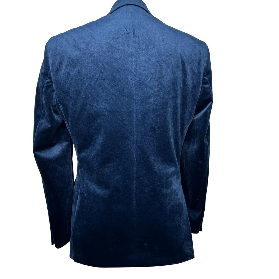 VINCI Velvet Blazer Mens Sz L Blue 2 Button Slim Fit Black Lapel Dinner Jacket - Image 2 of 4