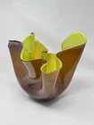 LARGE Vtg Venini Bianconi Brown Green Handkerchief Murano Glass Vase