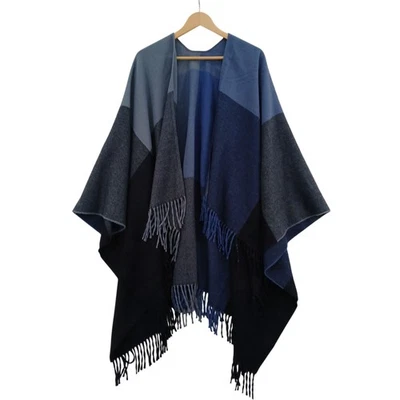 Cashmere Finished Poncho 150cm Blue Cashmere Fringe Shawl Womenswear - Preloved - Image 1 of 4