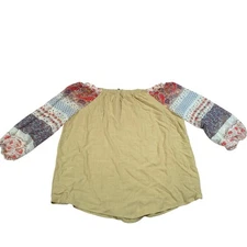 Davi & Dani Mixed Media Oversized Blouse Women Size M Viscose/Linen Yellow/Tan