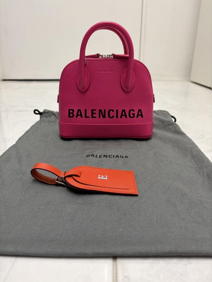 Balenciaga Signature Grained Calfskin Hot Pink Logo XXS Ville Top Handle Bag 