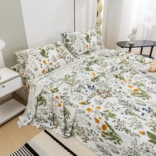 4 Piece Sheets Set King Size, Botanical Floral Pattern Deep Pocket Sheets, Ex...