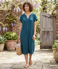 J. Jill Cotton Gauze Button Front Midi Dress Marine Blue Green Teal Size Medium
