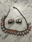 Signed Hobe Pink/White Milk Glass Necklace and Earring Set Vintage