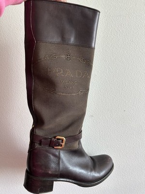 PRADA Brown Leather Knee High Riding Boots Buckle Zip Women's Size 37