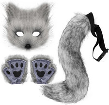 Faux Fur Fox Tail Cat Wolf Set Plush Mask Fluffy Paw Gloves Halloween Christmas