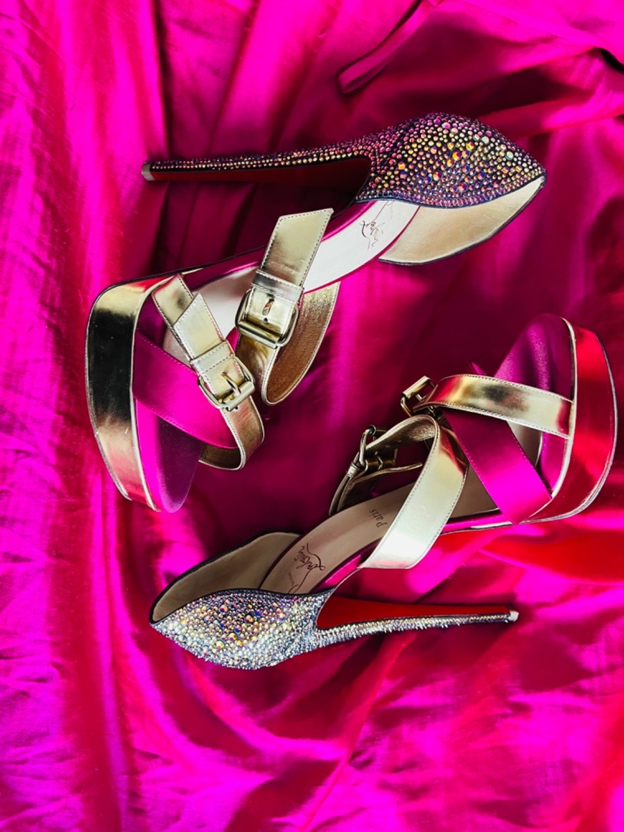 Christian Louboutin Ambertina fuchsia gold heels w/Swarovski