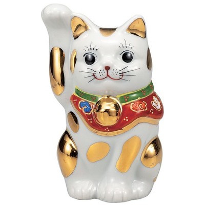 Kutani Ware Maneki-Neko (Beckoning Cat) Figurine, Symbolizing Business Prosperi_