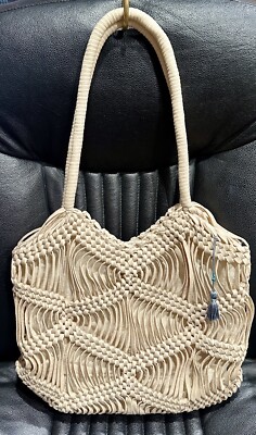 Hand Crafted Artisan NY Macrame Buff Beige Shoe Lace Hobo Shoulder Bag NWOT 18E