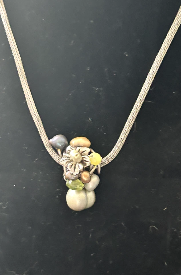 Vintage Rabinovich 925 Silver Pearl Peridot Pendant Necklace, Modernist, Unique - Image 2 of 4