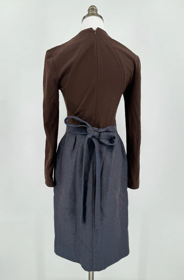 Vestido de lana plisada en espiga azul marrón vintage de Geoffrey Beene Foto 4 de 4