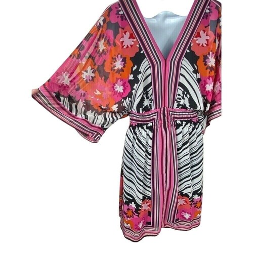 Bisou Bisou Blumendruck Kleid V-Ausschnitt transparent Kurzarm Blouson künstlerisch Gr. 14 - Bild 7 von 9
