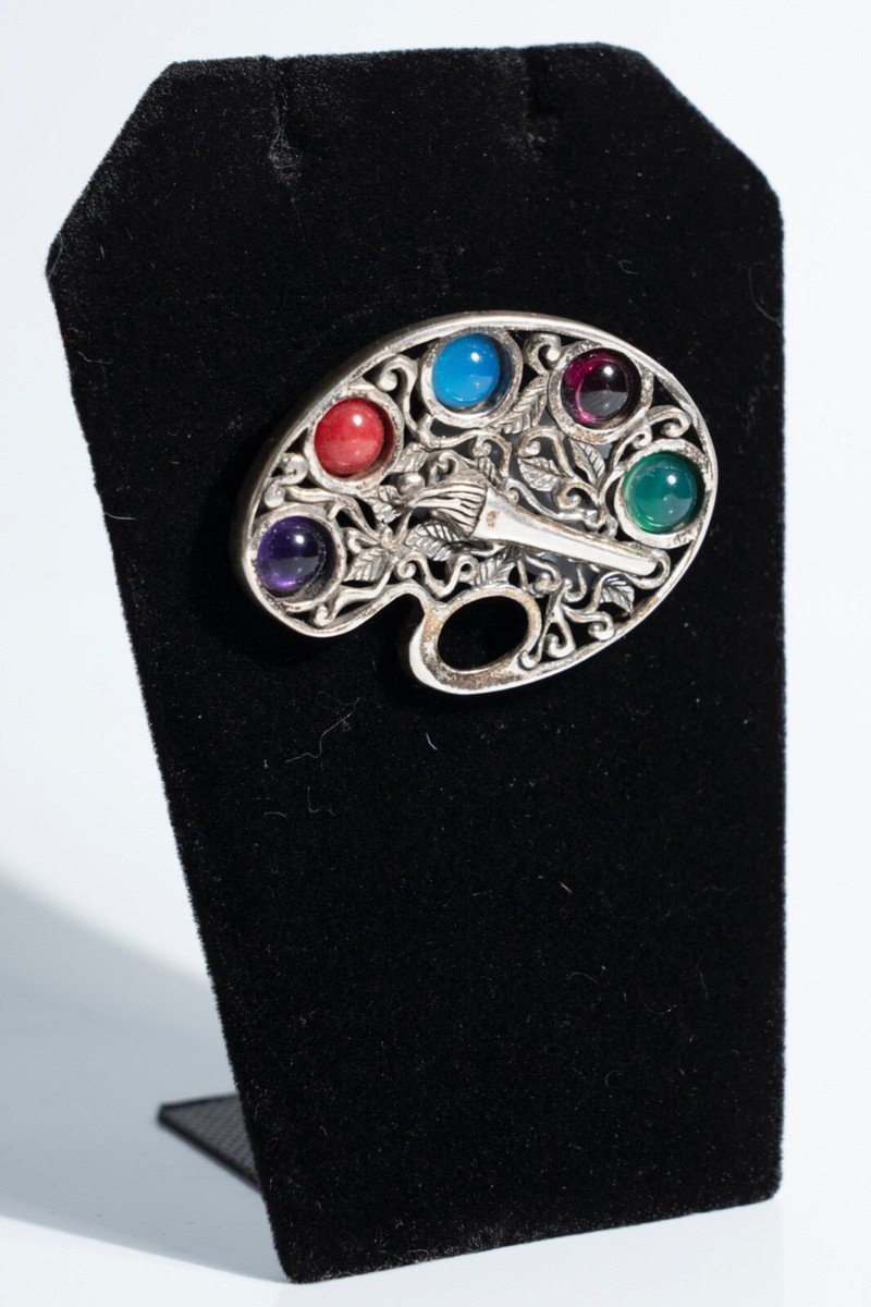Paint Palette Jewelry Brooch - Sterling Silver, Faux Gems, Stamped 
